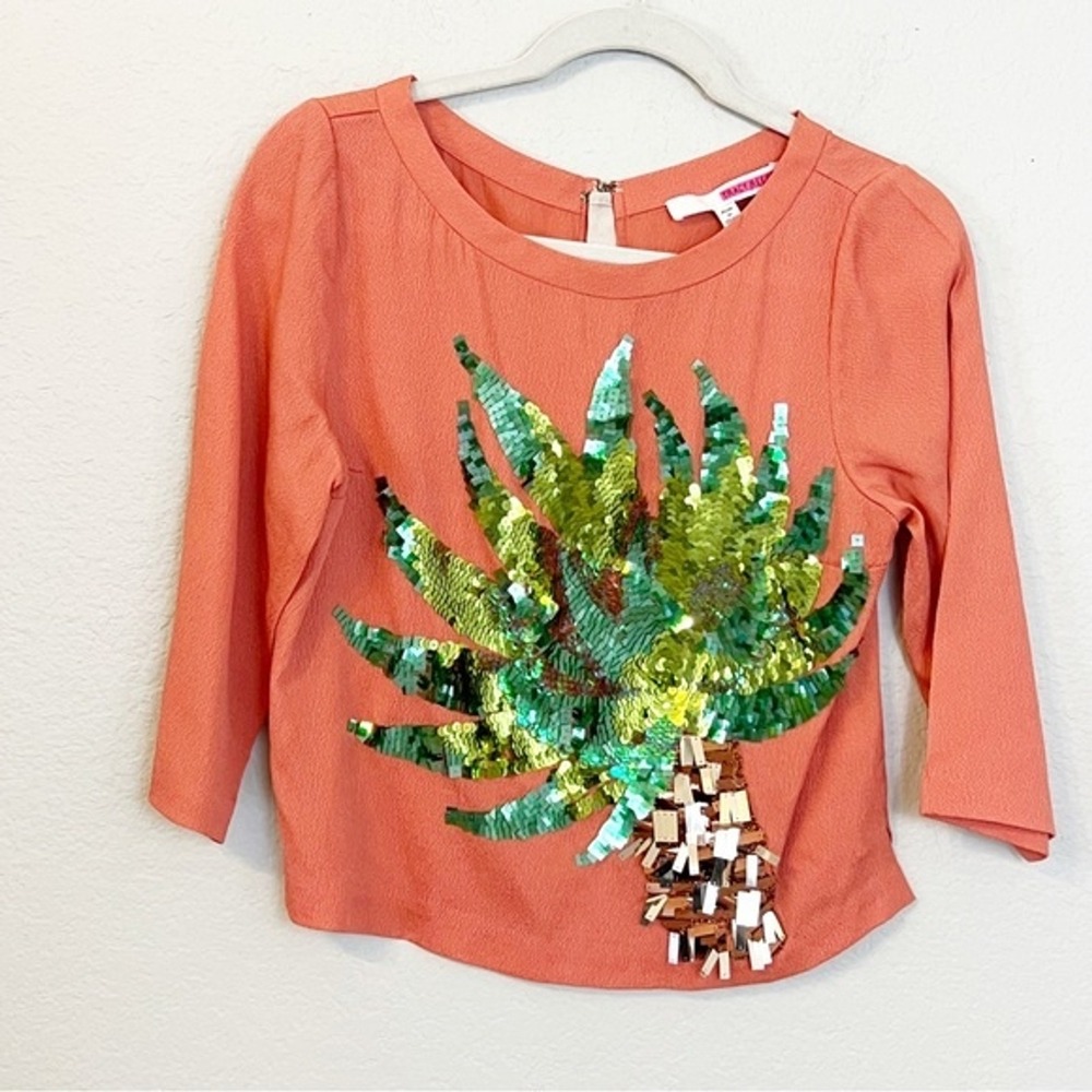 Tracy Reese Silk Blend Sequin Palm Tree Top Coral Pink 3/4 Sleeve Size S